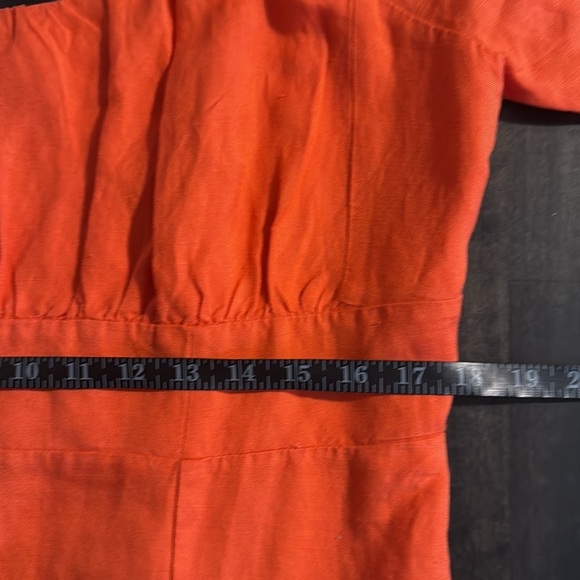 Loft Orange Puff Sleeve Linen Blend Maxi Dress Smocked Back Leg Slit Size 14 - Picture 8 of 11